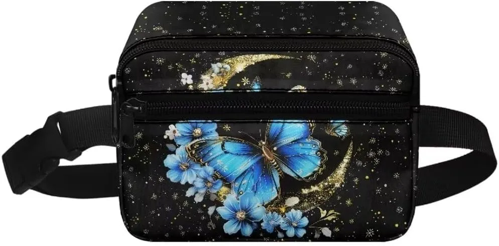 Kuiaobaty Blue Butterfly Mini Fanny Pack for Kids Waist Bag for Travel Elegant Mini Belt Bag for Camping Portable Crossbody Bag for Hiking Soft Sling Bag with Zipper Gift for Her