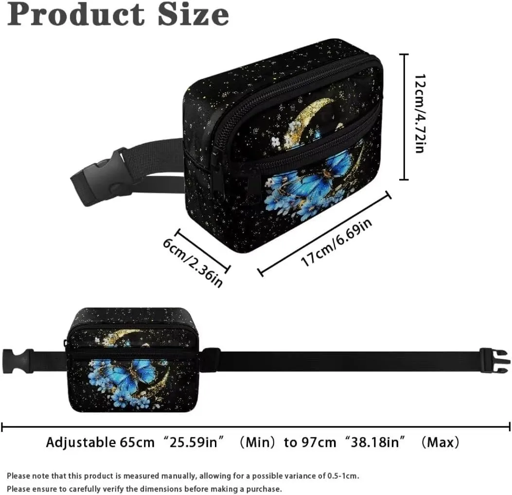 Kuiaobaty Blue Butterfly Mini Fanny Pack for Kids Waist Bag for Travel Elegant Mini Belt Bag for Camping Portable Crossbody Bag for Hiking Soft Sling Bag with Zipper Gift for Her