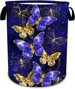 Purple Gold Butterfly Laundry Basket, Foldable Waterproof Oxford Cloth Laundry Hamper Funny Tote Bag Dirty Clothes Storage Bucket Toy Organizer for Bathroom/Laundry/Bedroom 15.7"x19.6"
