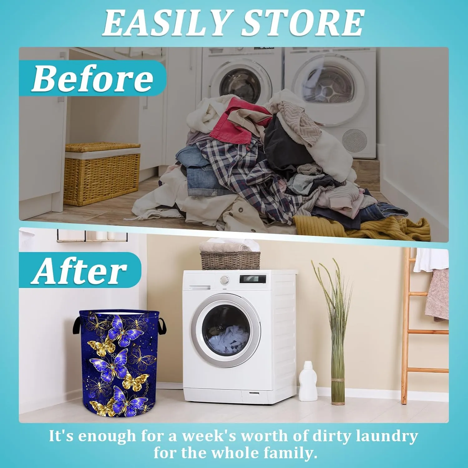 Purple Gold Butterfly Laundry Basket, Foldable Waterproof Oxford Cloth Laundry Hamper Funny Tote Bag Dirty Clothes Storage Bucket Toy Organizer for Bathroom/Laundry/Bedroom 15.7"x19.6"