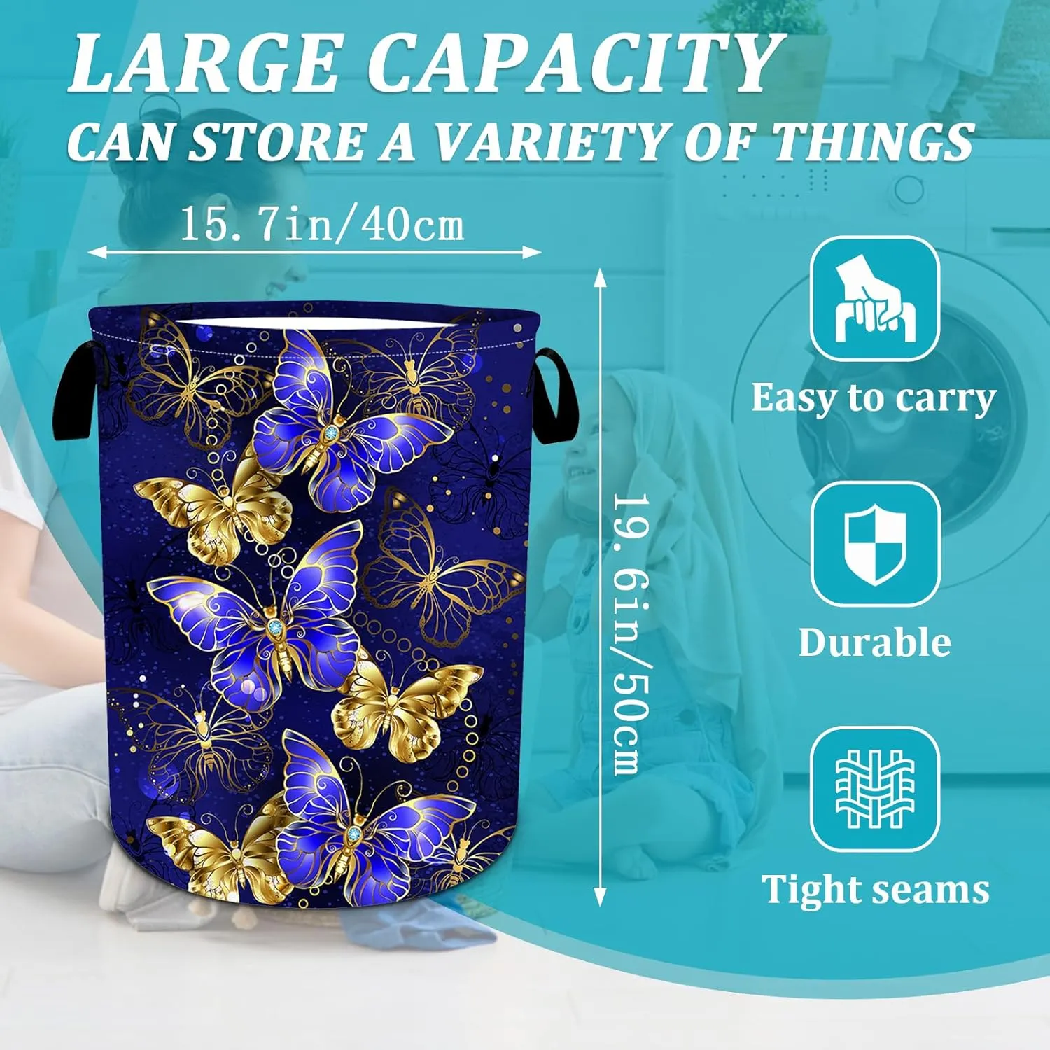 Purple Gold Butterfly Laundry Basket, Foldable Waterproof Oxford Cloth Laundry Hamper Funny Tote Bag Dirty Clothes Storage Bucket Toy Organizer for Bathroom/Laundry/Bedroom 15.7"x19.6"