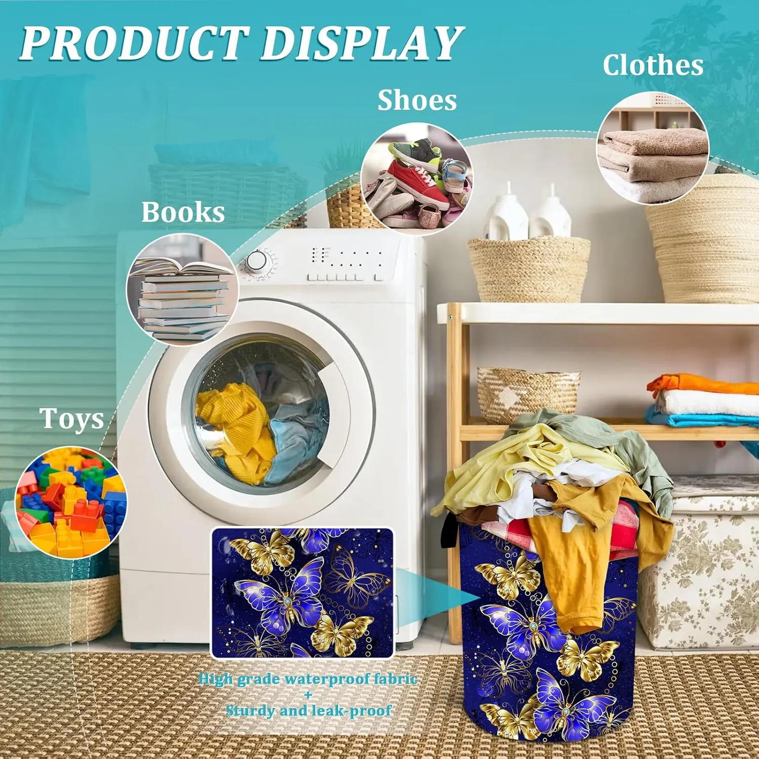 Purple Gold Butterfly Laundry Basket, Foldable Waterproof Oxford Cloth Laundry Hamper Funny Tote Bag Dirty Clothes Storage Bucket Toy Organizer for Bathroom/Laundry/Bedroom 15.7"x19.6"