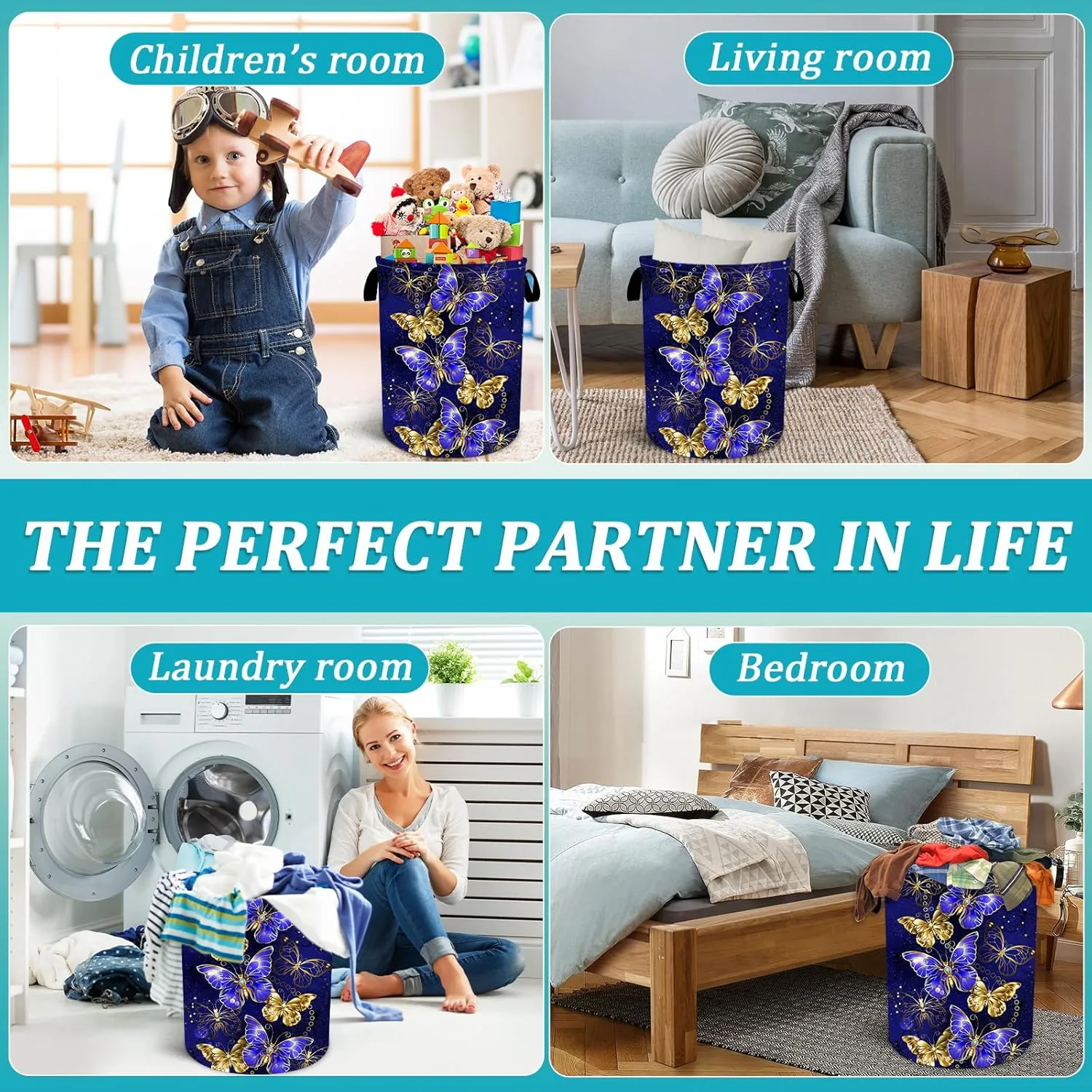 Purple Gold Butterfly Laundry Basket, Foldable Waterproof Oxford Cloth Laundry Hamper Funny Tote Bag Dirty Clothes Storage Bucket Toy Organizer for Bathroom/Laundry/Bedroom 15.7"x19.6"