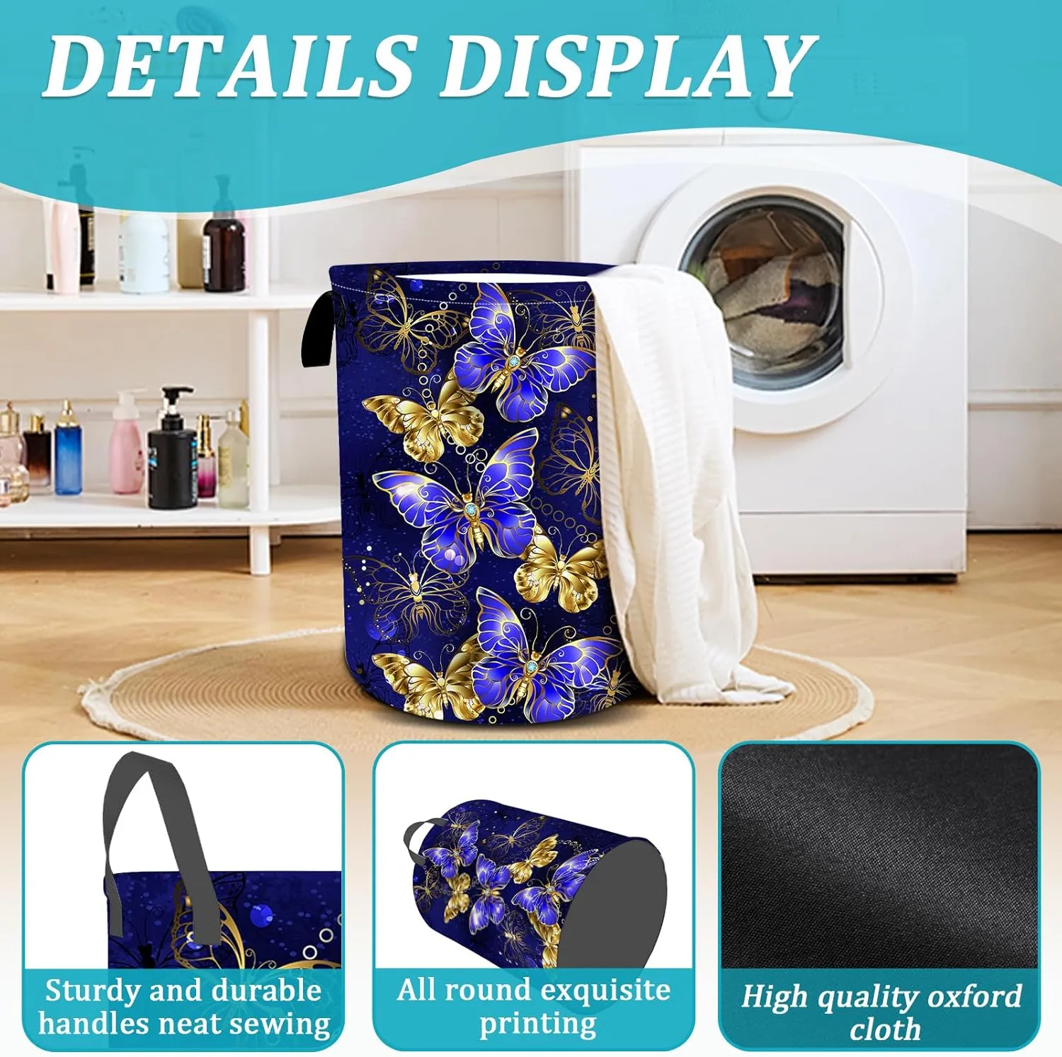Purple Gold Butterfly Laundry Basket, Foldable Waterproof Oxford Cloth Laundry Hamper Funny Tote Bag Dirty Clothes Storage Bucket Toy Organizer for Bathroom/Laundry/Bedroom 15.7"x19.6"