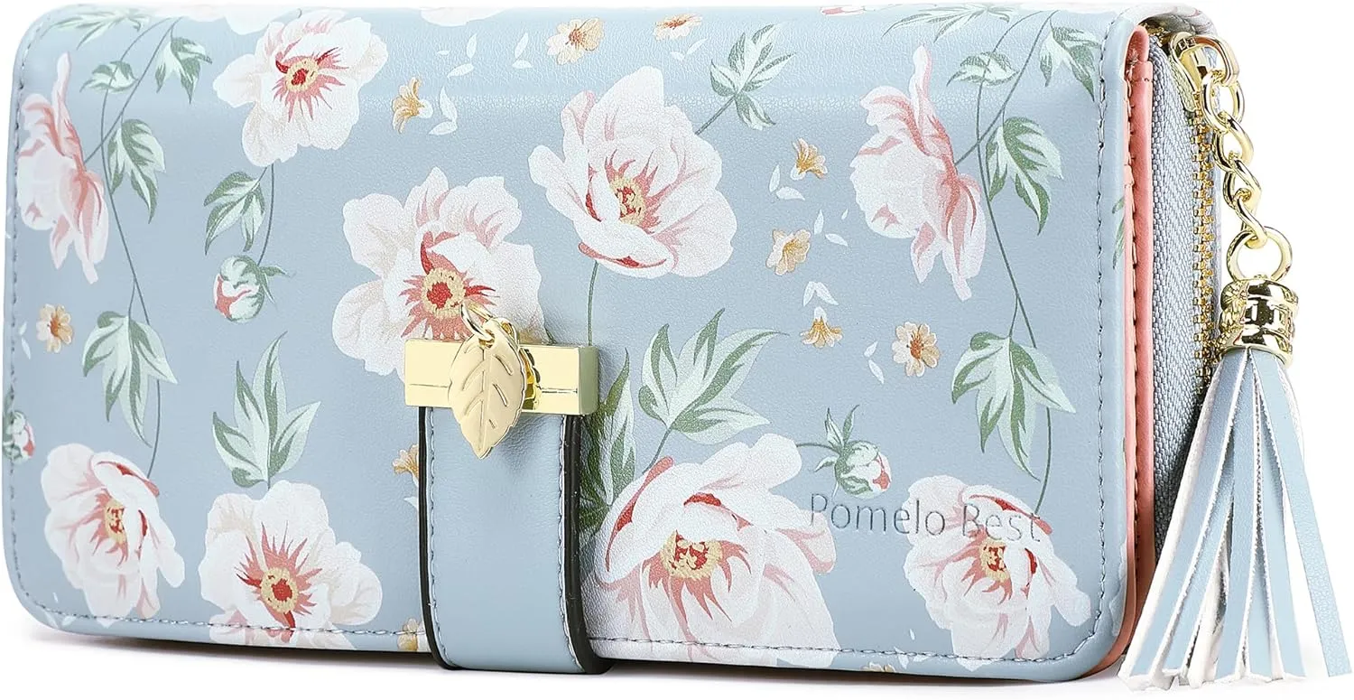 RFID Wallets for Women with Multiple Card Slots and Cellphone Compartment, Womens Wallet(Printed blue peony)