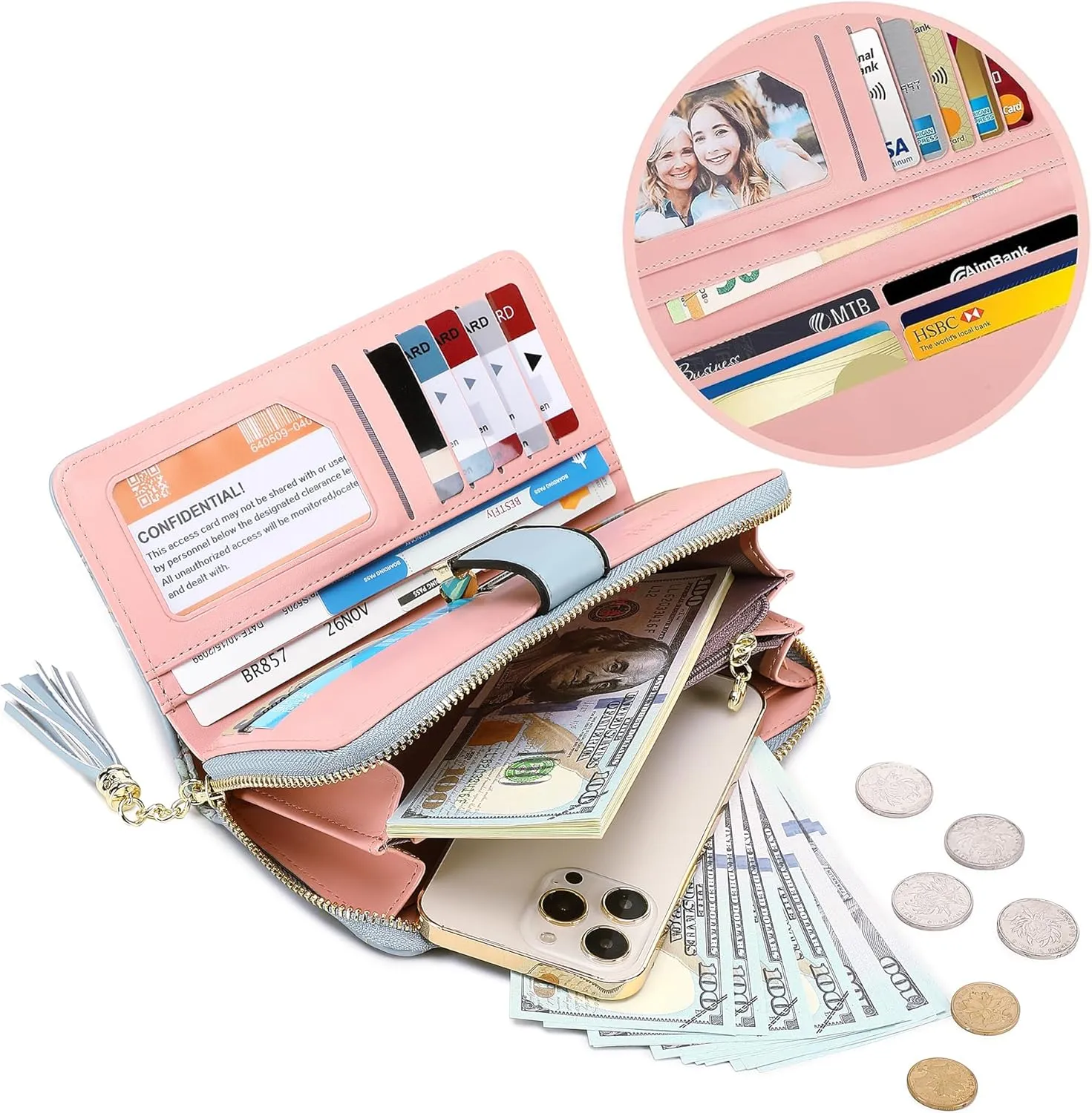 RFID Wallets for Women with Multiple Card Slots and Cellphone Compartment, Womens Wallet(Printed blue peony)
