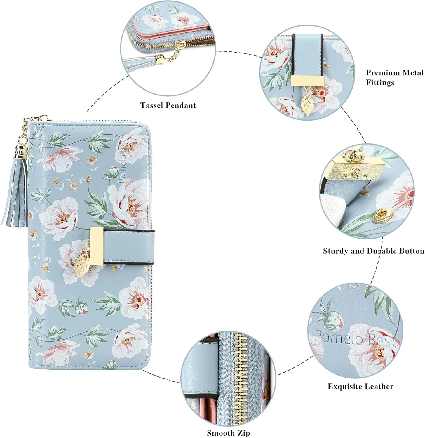 RFID Wallets for Women with Multiple Card Slots and Cellphone Compartment, Womens Wallet(Printed blue peony)
