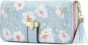 RFID Wallets for Women with Multiple Card Slots and Cellphone Compartment, Womens Wallet(Printed blue peony)