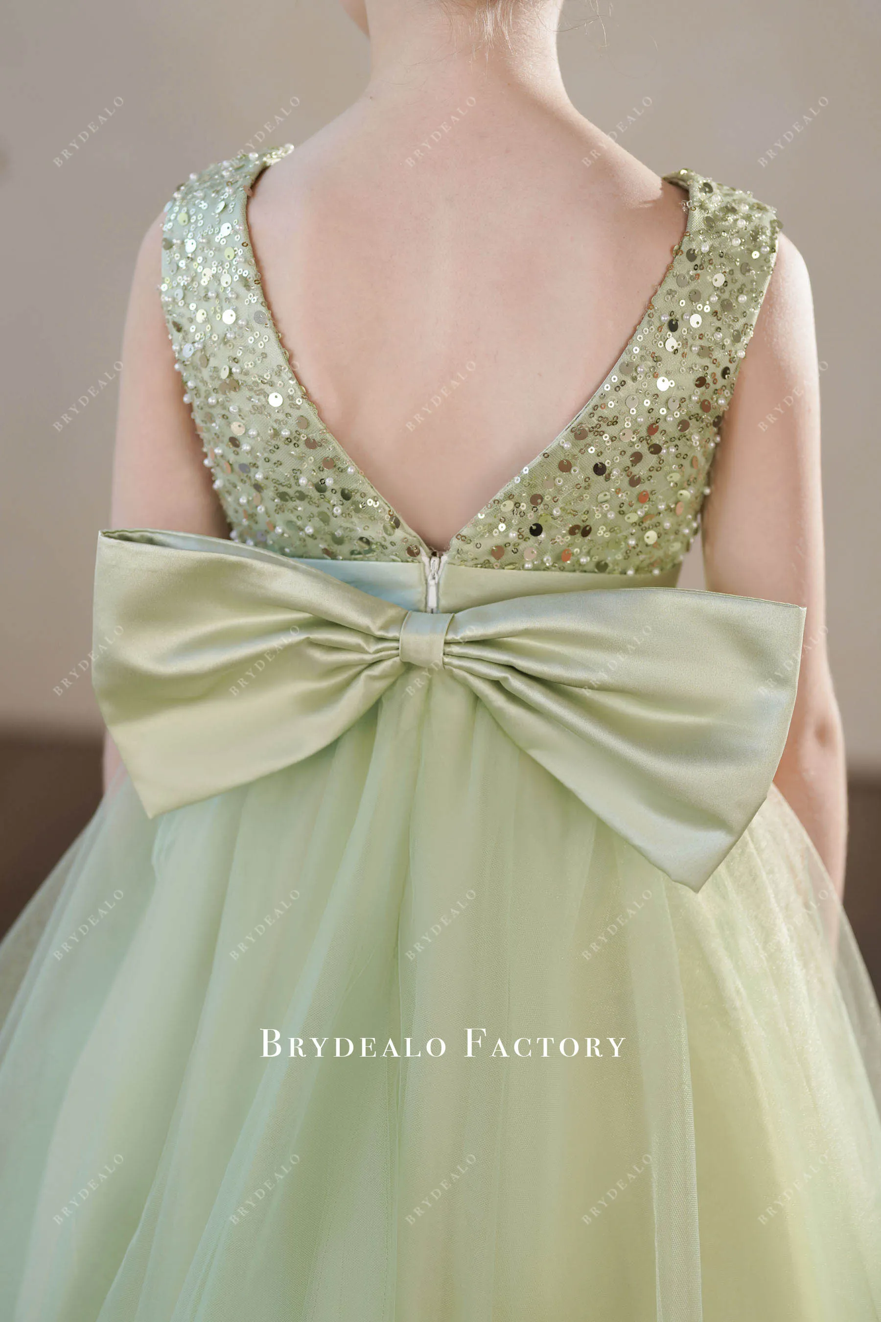 Sage Shimmer Sleeveless Tulle Pretty Big Bow Flower Girl Dress