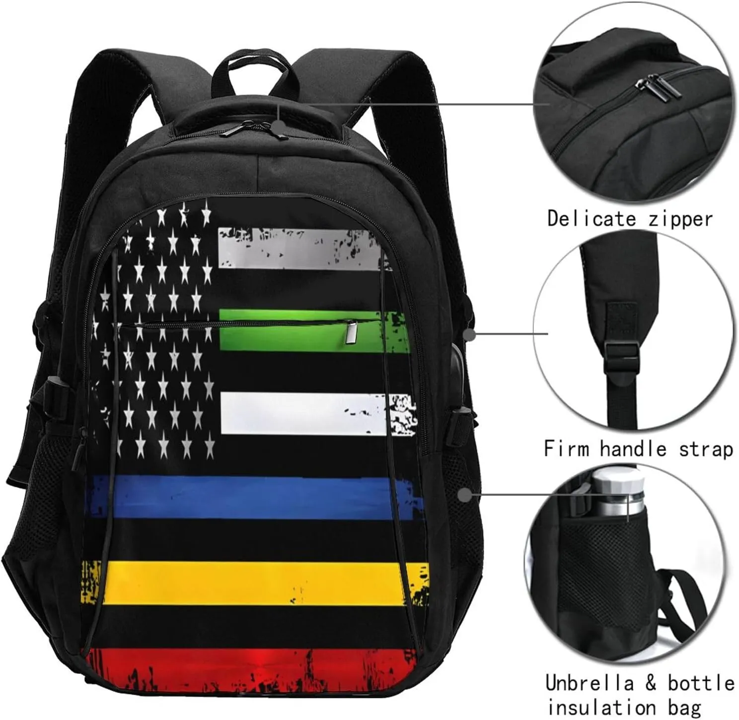 Thin Red Yellow Line American Flag Travel Backpack Laptop Backpacks Business Rucksack Outdoor Daypack Large Sport Bag with Luggage Strap USB Charging Port for Hiking Working
