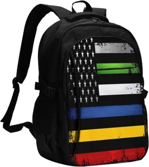 Thin Red Yellow Line American Flag Travel Backpack Laptop Backpacks Business Rucksack Outdoor Daypack Large Sport Bag with Luggage Strap USB Charging Port for Hiking Working