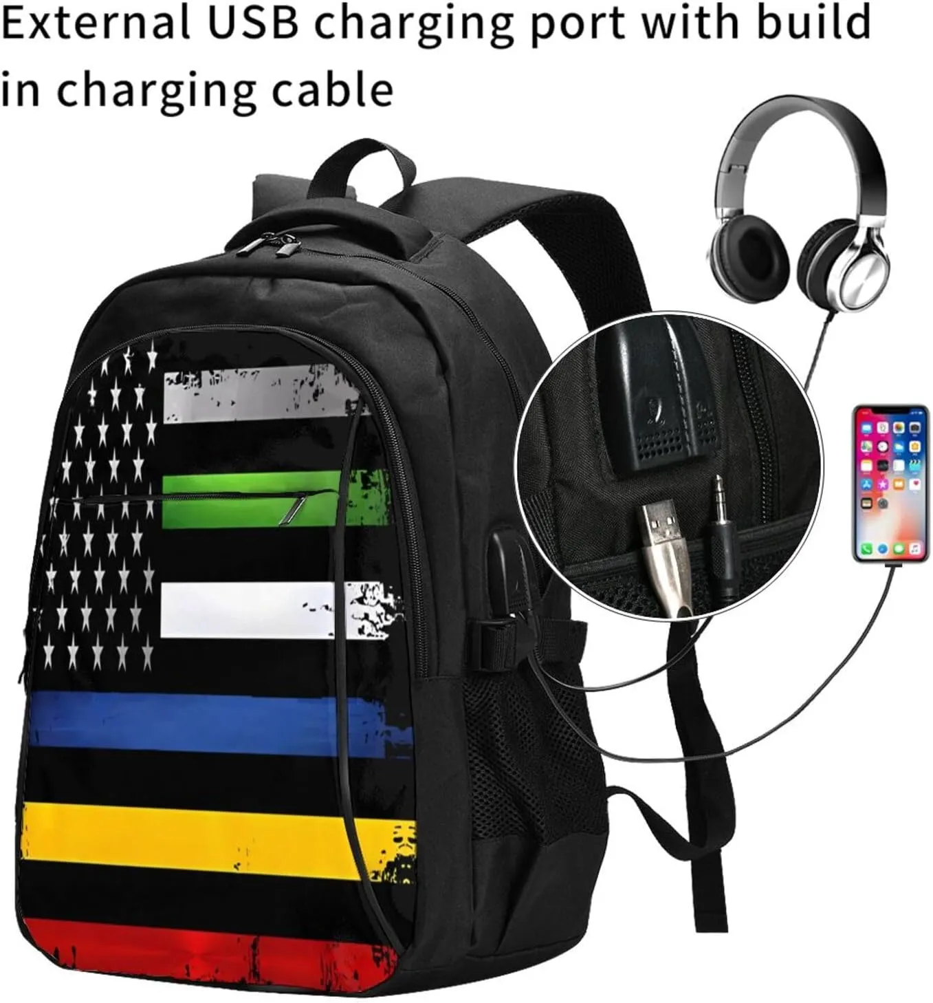 Thin Red Yellow Line American Flag Travel Backpack Laptop Backpacks Business Rucksack Outdoor Daypack Large Sport Bag with Luggage Strap USB Charging Port for Hiking Working