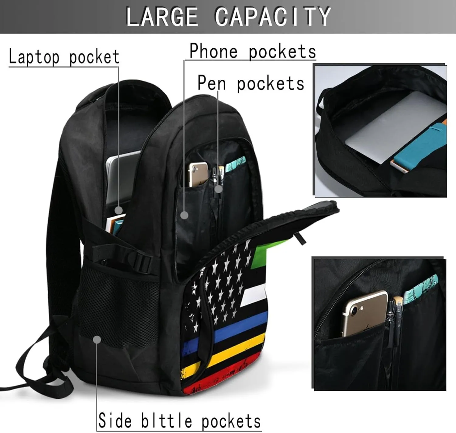 Thin Red Yellow Line American Flag Travel Backpack Laptop Backpacks Business Rucksack Outdoor Daypack Large Sport Bag with Luggage Strap USB Charging Port for Hiking Working