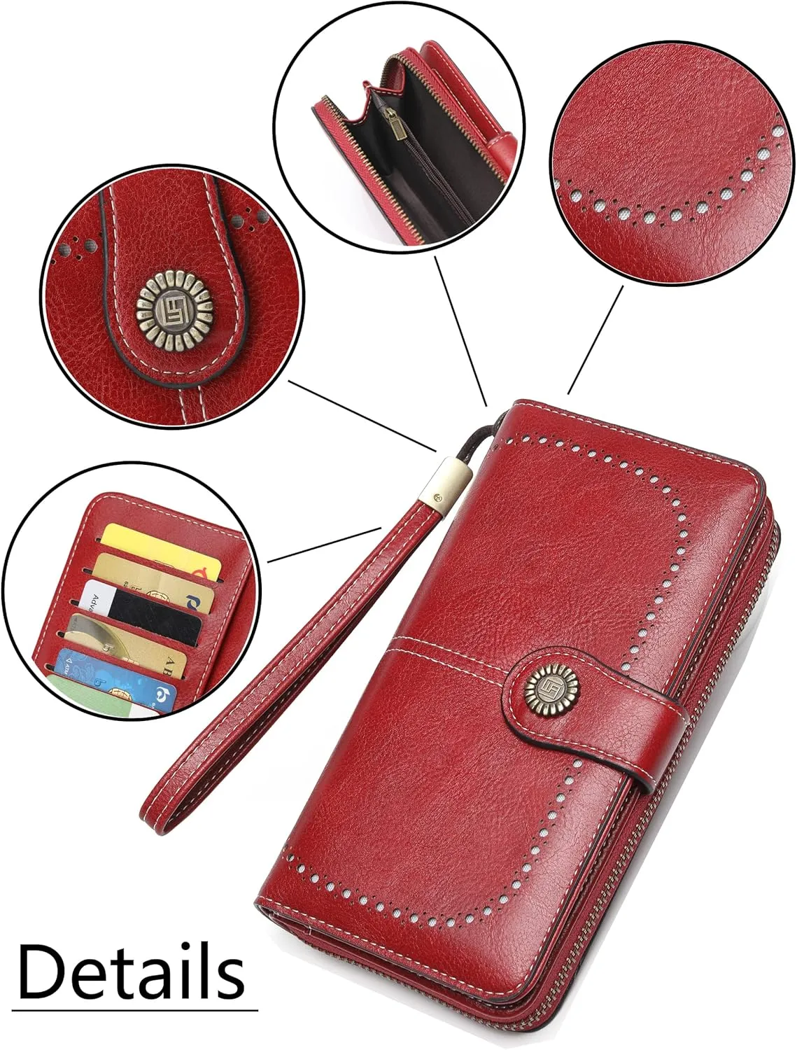 Womens Wallet Leather Large Capacity Card Holder Zipper Wristlet Wallets for Women-liquor red