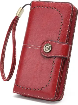Womens Wallet Leather Large Capacity Card Holder Zipper Wristlet Wallets for Women-liquor red