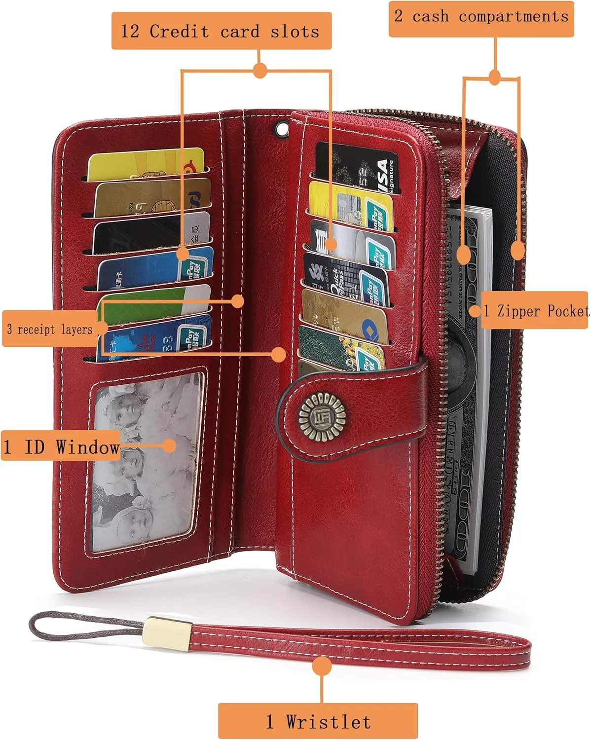 Womens Wallet Leather Large Capacity Card Holder Zipper Wristlet Wallets for Women-liquor red