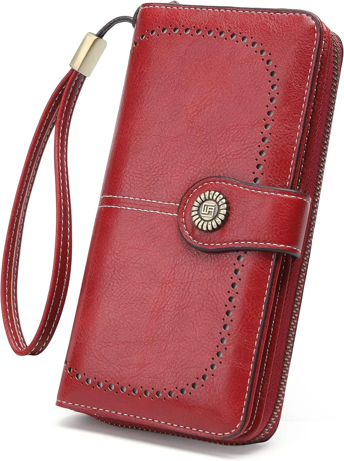 Womens Wallet Leather Large Capacity Card Holder Zipper Wristlet Wallets for Women-liquor red