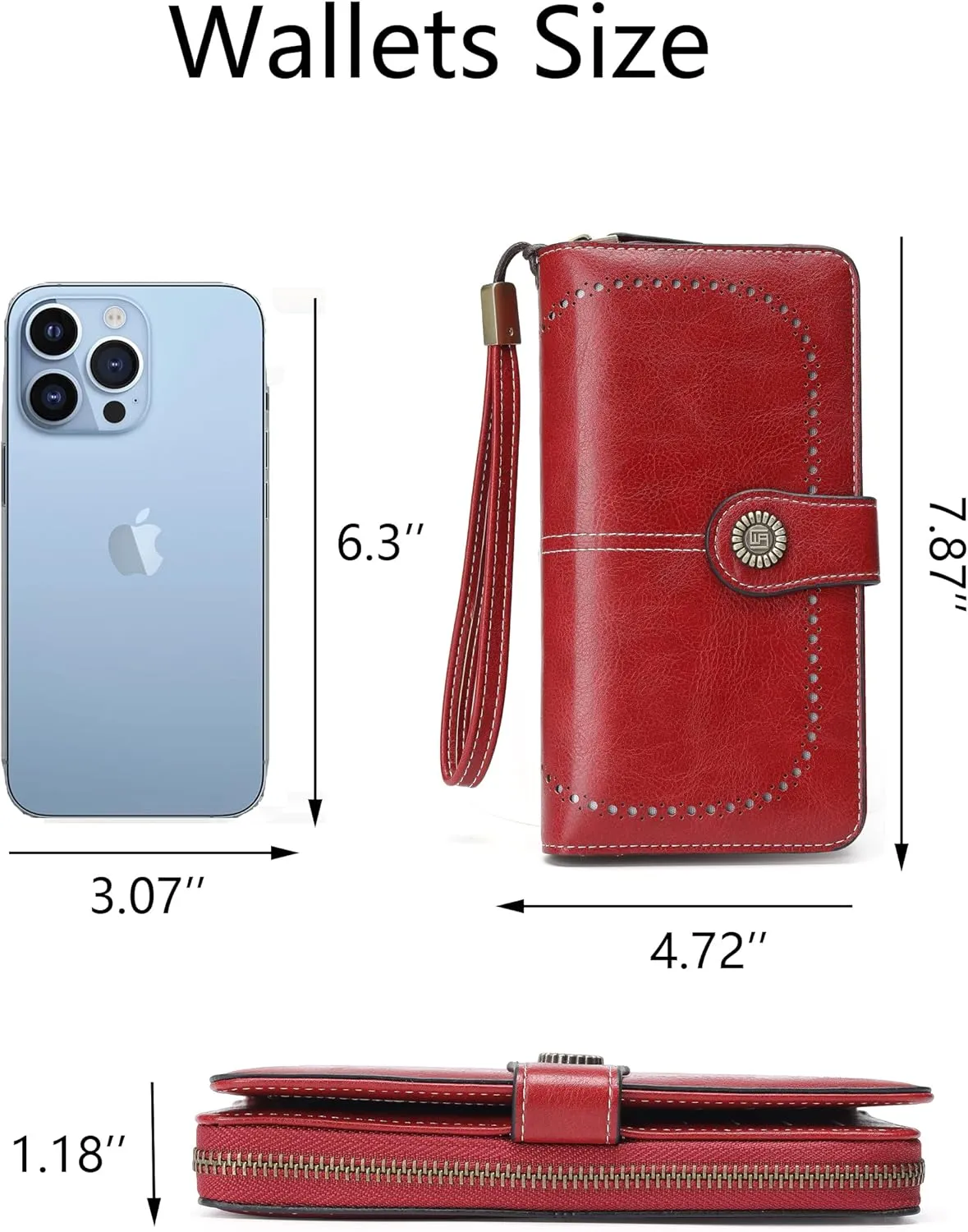 Womens Wallet Leather Large Capacity Card Holder Zipper Wristlet Wallets for Women-liquor red