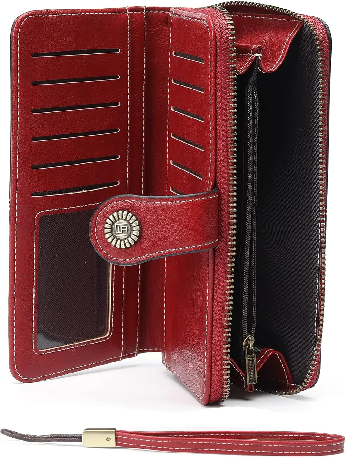 Womens Wallet Leather Large Capacity Card Holder Zipper Wristlet Wallets for Women-liquor red